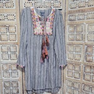Striped Tunic Dress with Embroidered Collar And Beautiful Beaded Tassels XL